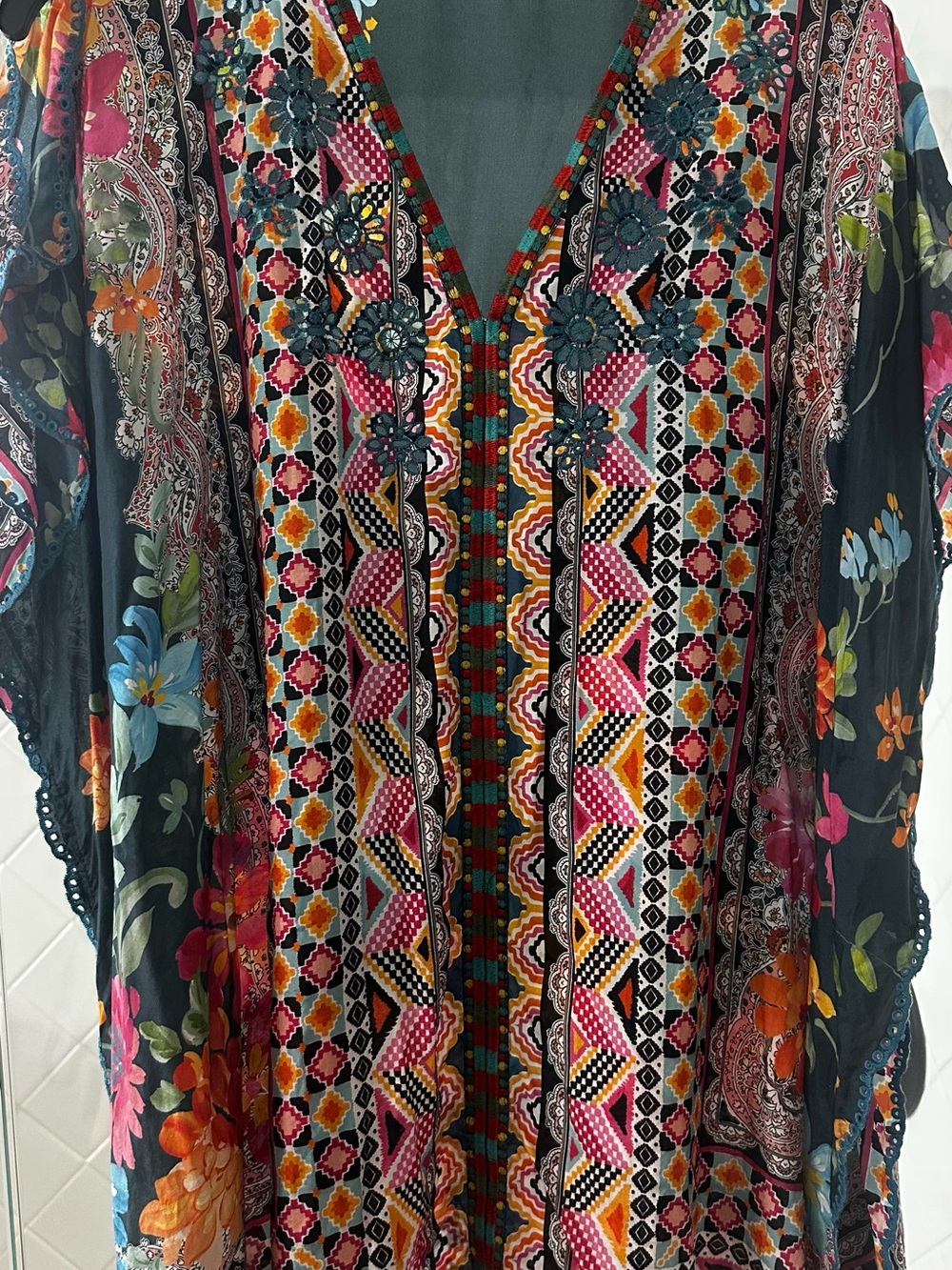Johnny Was Multicolor Embroidered silk cover up or tunic